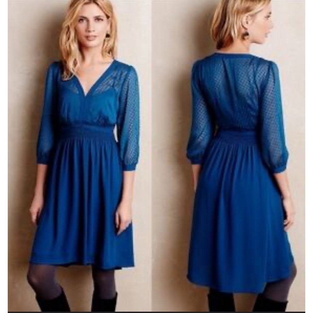HD Paris Anthropologie Women's Celeste Blue Goddess Dress Sheer Sleeves Size 2